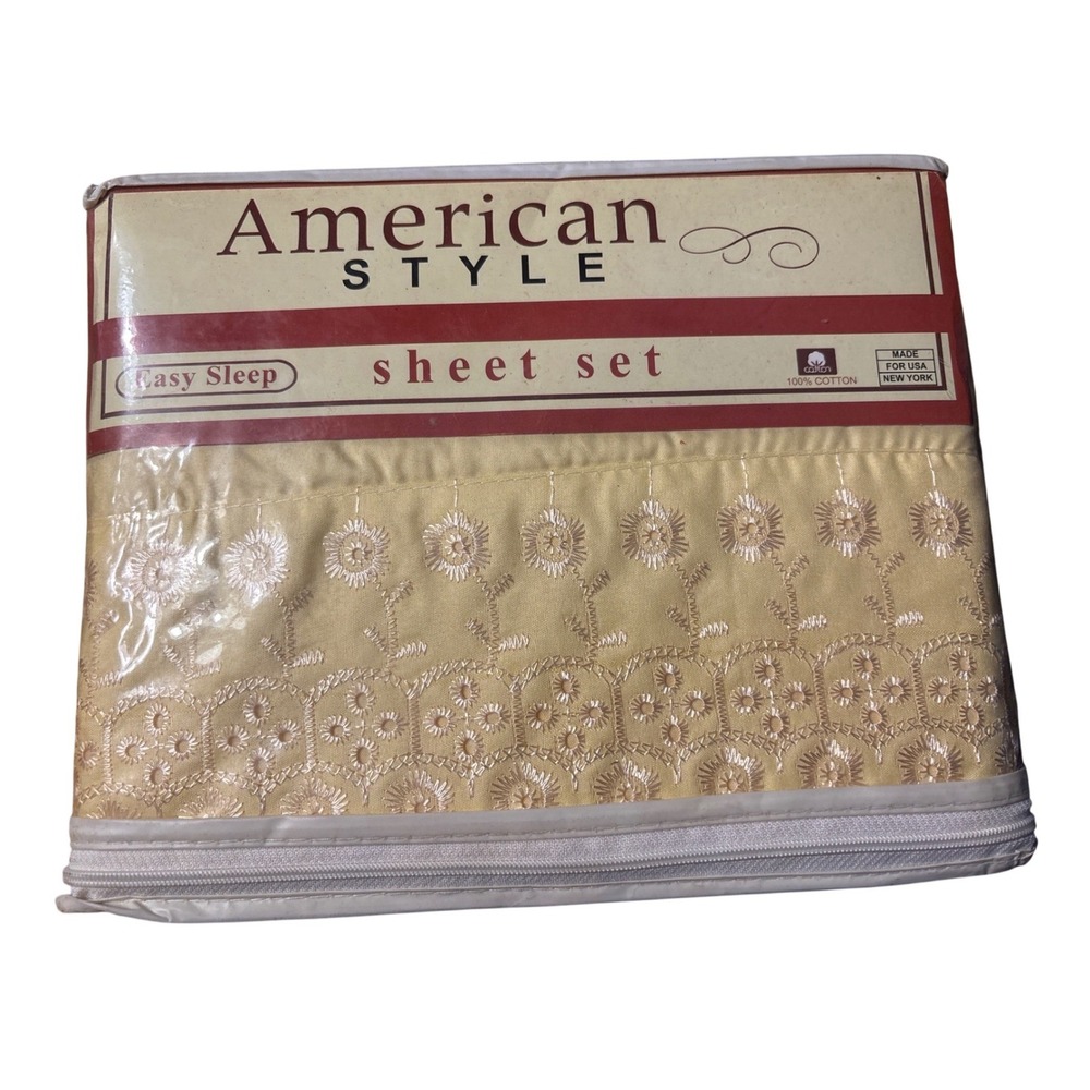 American Style Queen Sheet Set Gold Cotton Percale 220TC Floral Eyelet Lace 4pc